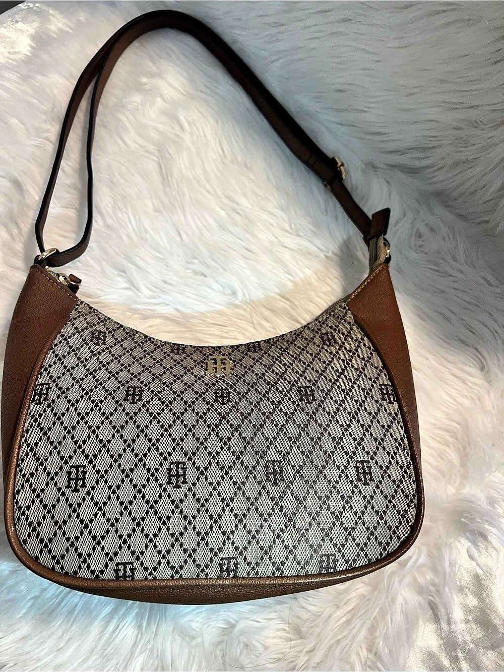 Tommy Hilfiger TH Monogram Jacquard Hobo Bag Brown & Beige